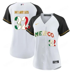 2023 Women’s Mexico Flag Baseball Jersey Alternate White Black Joey Meneses 32