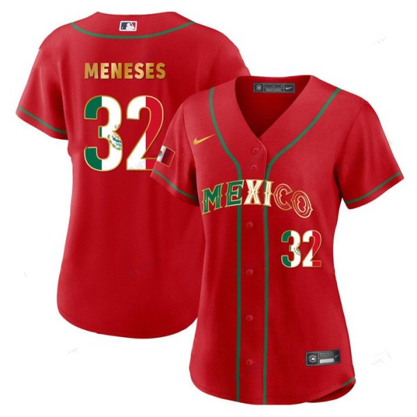 2023 Women’s Mexico Flag Baseball Jersey Red Gold Joey Meneses 32