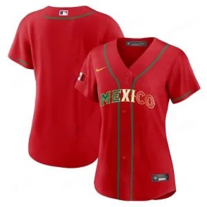 2024 Women’s Mexico Flag Baseball Jersey Red Gold