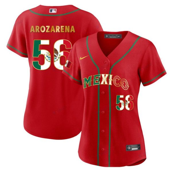 2024 Women’s Mexico Flag Baseball Jersey Red Gold Arozarena 56