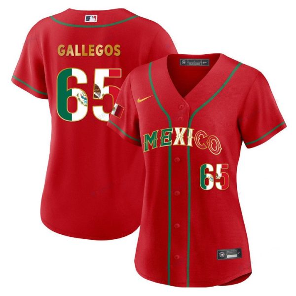 2024 Women’s Mexico Flag Baseball Jersey Red Gold Gallegos 65