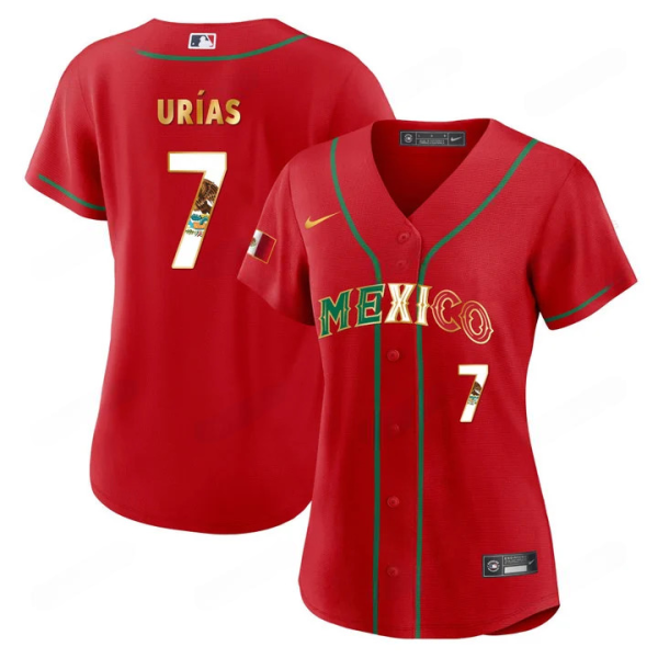 2024 Women’s Mexico Flag Baseball Jersey Red Gold Julio Urías 7