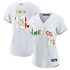 2024 Women’s Mexico Flag Baseball Jersey White Gold Alan Trejo 13