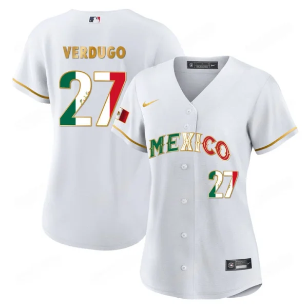 2024 Women’s Mexico Flag Baseball Jersey White Gold Alex Verdugo 27