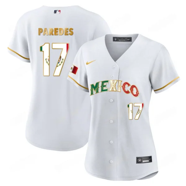 2024 Women’s Mexico Flag Baseball Jersey White Gold Isaac Paredes 17