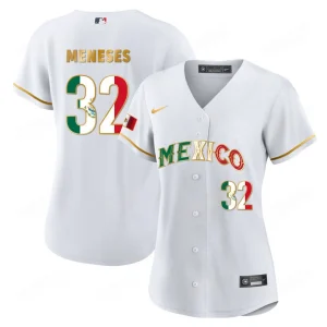 2024 Women’s Mexico Flag Baseball Jersey White Gold Joey Meneses 32