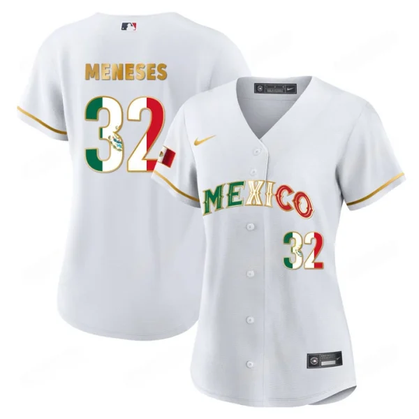 2024 Women’s Mexico Flag Baseball Jersey White Gold Joey Meneses 32