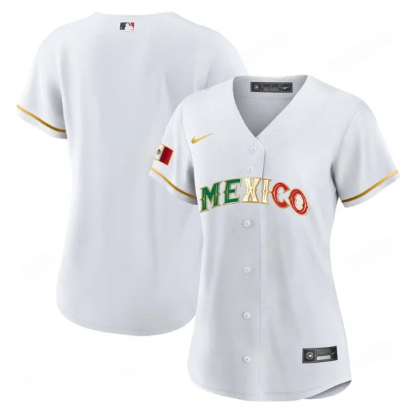 2024 Women’s Mexico Flag Baseball Jersey White Gold Online