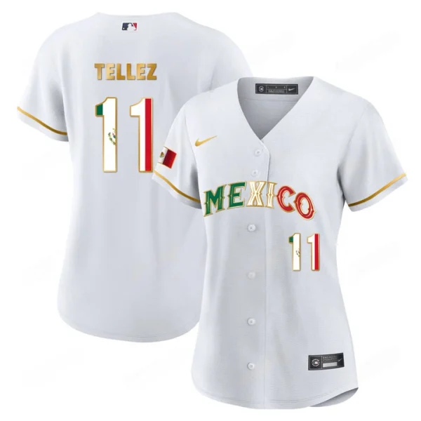 2024 Women’s Mexico Flag Baseball Jersey White Gold Rowdy Tellez 11