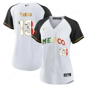 Buy Women’s Mexico Flag Baseball Jersey Alternate White Black Alan Trejo 13