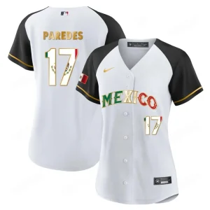 Buy Women’s Mexico Flag Baseball Jersey Alternate White Black Isaac Paredes 17