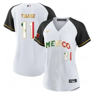 Buy Women’s Mexico Flag Baseball Jersey Alternate White Black Rowdy Tellez 11