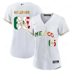 Buy Women’s Mexico Flag Baseball Jersey White Gold Gallegos 65