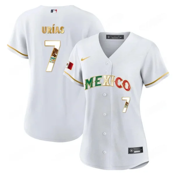 Buy Women’s Mexico Flag Baseball Jersey White Gold Julio Urías 7