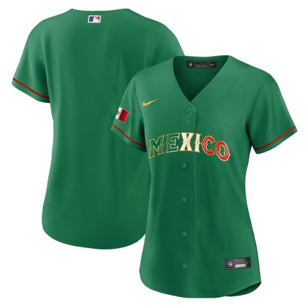 Women's Mexico 2023 Flag Baseball Jersey Green Gold