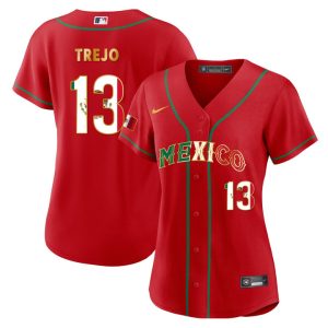 Women’s Mexico 2023 Flag Red Gold Baseball Jersey Alan Trejo 13