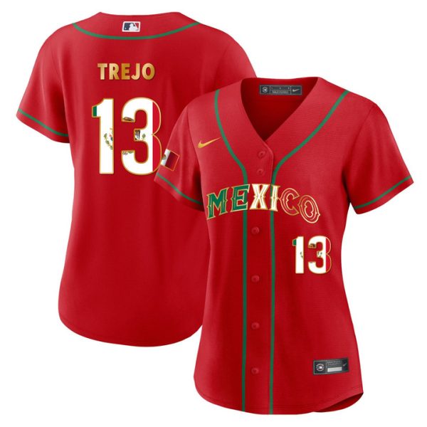 Women’s Mexico 2023 Flag Red Gold Baseball Jersey Alan Trejo 13