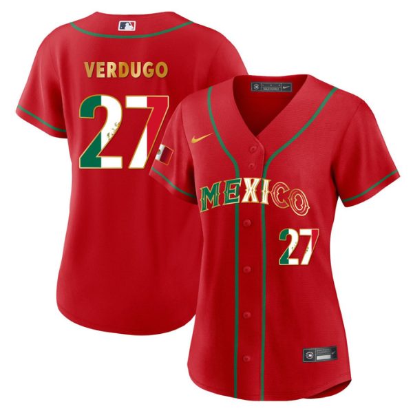 Women’s Mexico 2023 Flag Red Gold Baseball Jersey Alex Verdugo 27