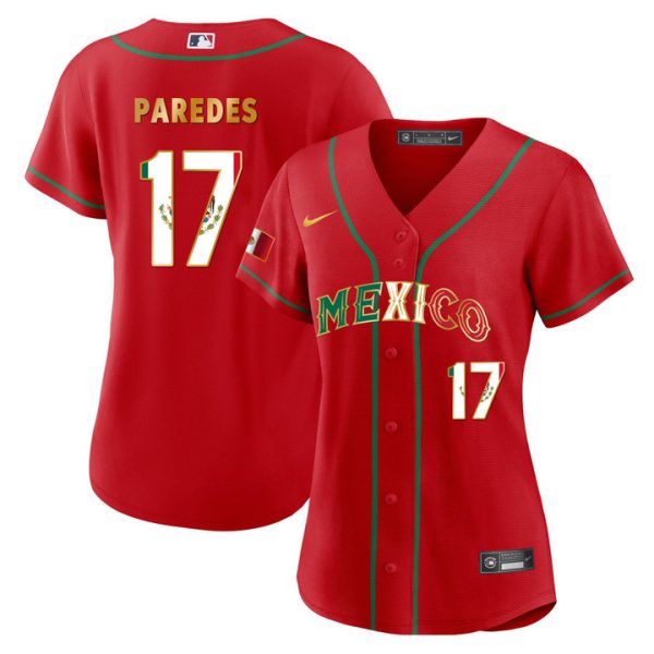 Women’s Mexico 2023 Flag Red Gold Baseball Jersey Isaac Paredes 17