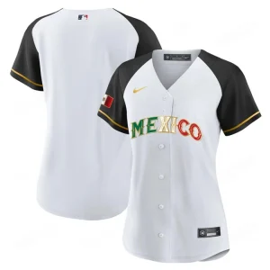 Women’s Mexico Flag Baseball Jersey Alternate White Black Online