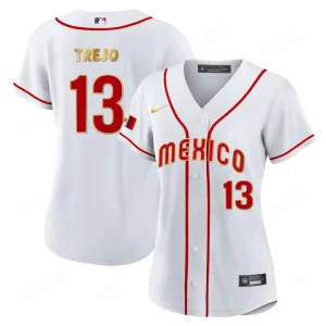 Women’s WBC Mexico Baseball Jersey Sale White Red Alan Trejo 13