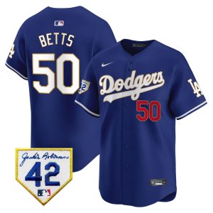 Mookie Betts 50 Los Angeles Dodgers 2024 Jackie Robinson Patch Men Jersey - Royal