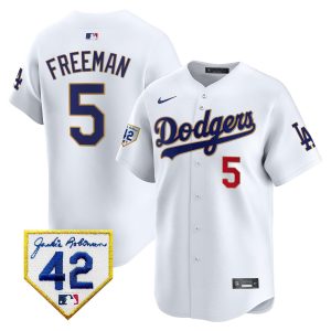 Freddie Freeman 5 Los Angeles Dodgers 2024 Jackie Robinson Patch Men Jersey - White