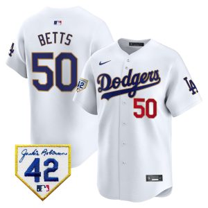 Mookie Betts 50 Los Angeles Dodgers 2024 Jackie Robinson Patch Men Jersey - White