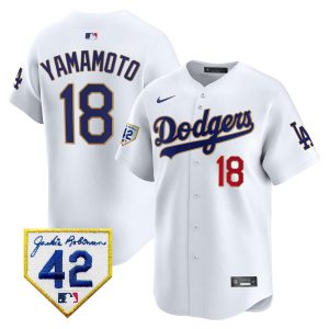 Yoshinobu Yamamoto 18 Los Angeles Dodgers 2024 Jackie Robinson Patch Men Jersey - White