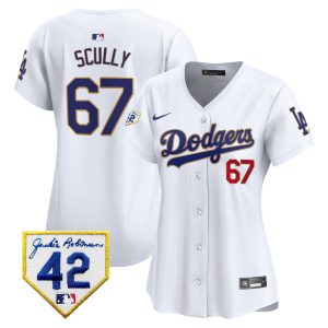 Vin Scully 67 Los Angeles Dodgers 2024 Jackie Robinson Patch Women Jersey - White