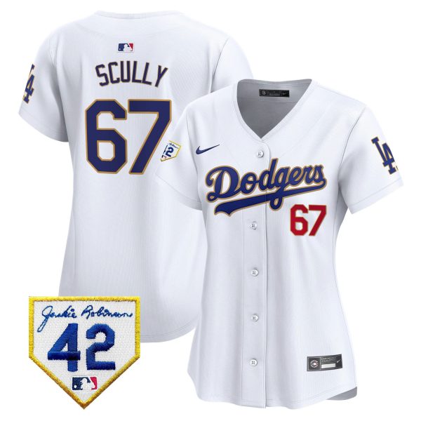 Vin Scully 67 Los Angeles Dodgers 2024 Jackie Robinson Patch Women Jersey - White