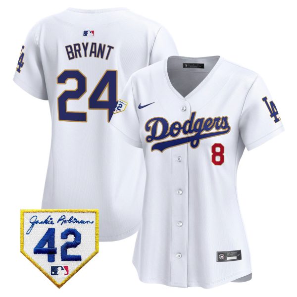 Kobe Bryant 24 Los Angeles Dodgers 2024 Jackie Robinson Patch Women Jersey - White