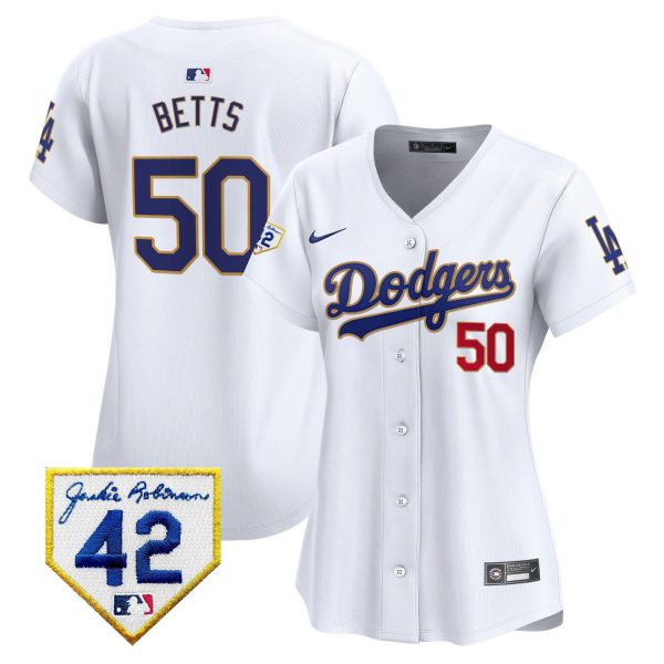 Mookie Betts 50 Los Angeles Dodgers 2024 Jackie Robinson Patch Women Jersey - White