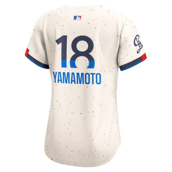 Yoshinobu Yamamoto 18 Los Angeles Dodgers 2024 City Connect Limited Cream Women Jersey - Image 3