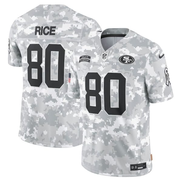 Jerry Rice 80 San Francisco 49ers 2024 Salute to Service Retired Player Limited Arctic Camo Men Jersey