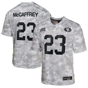 Christian McCaffrey 23 San Francisco 49ers 2024 Salute to Service Game Arctic Camo YOUTH Jersey