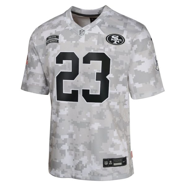 Christian McCaffrey 23 San Francisco 49ers 2024 Salute to Service Game Arctic Camo YOUTH Jersey - Image 2