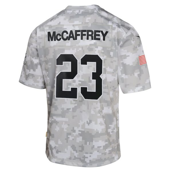 Christian McCaffrey 23 San Francisco 49ers 2024 Salute to Service Game Arctic Camo YOUTH Jersey - Image 3