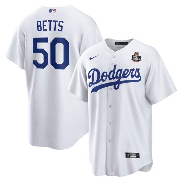 Mookie Betts 50 Los Angeles Dodgers 2024 World Series Home Player White Men Jersey