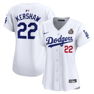 Clayton Kershaw 22 Los Angeles Dodgers Women's 2024 World Series White Limited Player Jersey