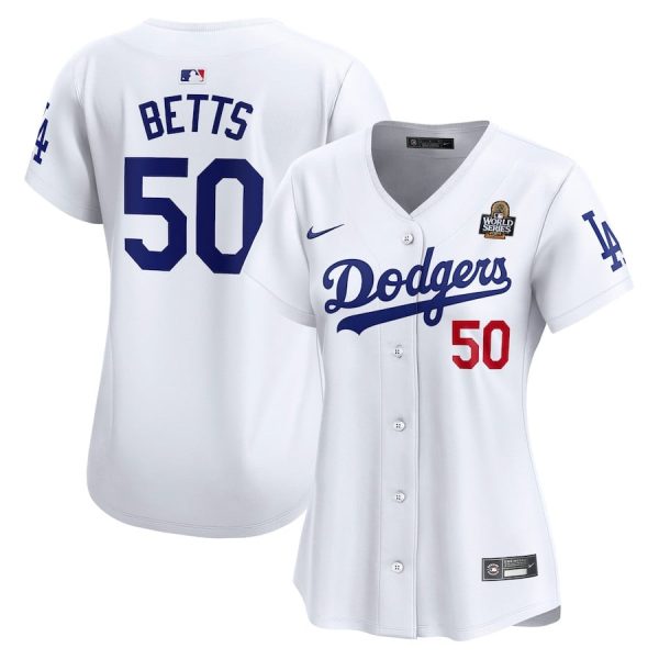 Mookie Betts 50 Los Angeles Dodgers Women's 2024 World Series White Limited Player Jersey