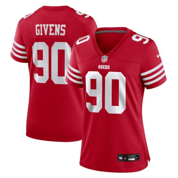 Kevin Givens 90 San Francisco 49ers Scarlet Women’s Game Jersey For Sale