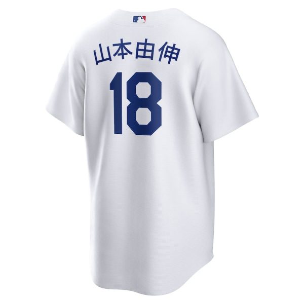 Yoshinobu Yamamoto 18 Los Angeles Dodgers Home 2024 World Series Japanese Lettering White Men Jersey - Image 3