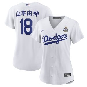 Yoshinobu Yamamoto 18 Los Angeles Dodgers Women's Home 2024 World Series Japanese Lettering Jersey White