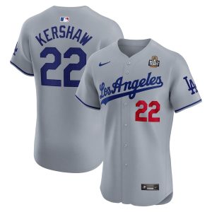 Clayton Kershaw 22 Los Angeles Dodgers 2024 World Series Road Elite Player Gray Men Jersey