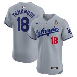 Yoshinobu Yamamoto 18 Los Angeles Dodgers 2024 World Series Road Elite Player Gray Men Jersey