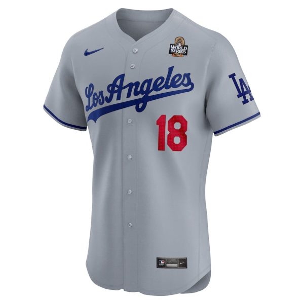 Yoshinobu Yamamoto 18 Los Angeles Dodgers 2024 World Series Road Elite Player Gray Men Jersey - Image 2