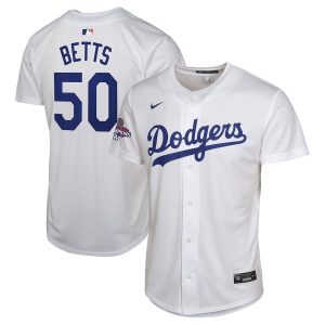 Mookie Betts 50 Los Angeles Dodgers 2024 World Series Champions Home Game Player White YOUTH Jersey