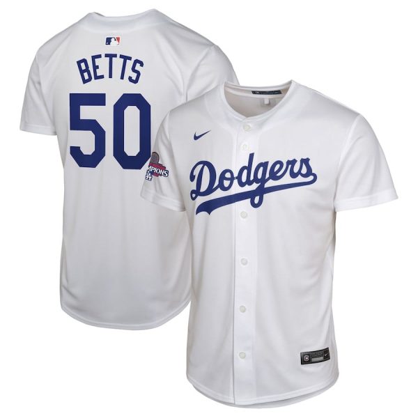 Mookie Betts 50 Los Angeles Dodgers 2024 World Series Champions Home Game Player White YOUTH Jersey