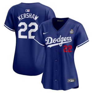 Clayton Kershaw 22 Los Angeles Dodgers Women's 2024 World Series Alternate Royal Limited Jersey